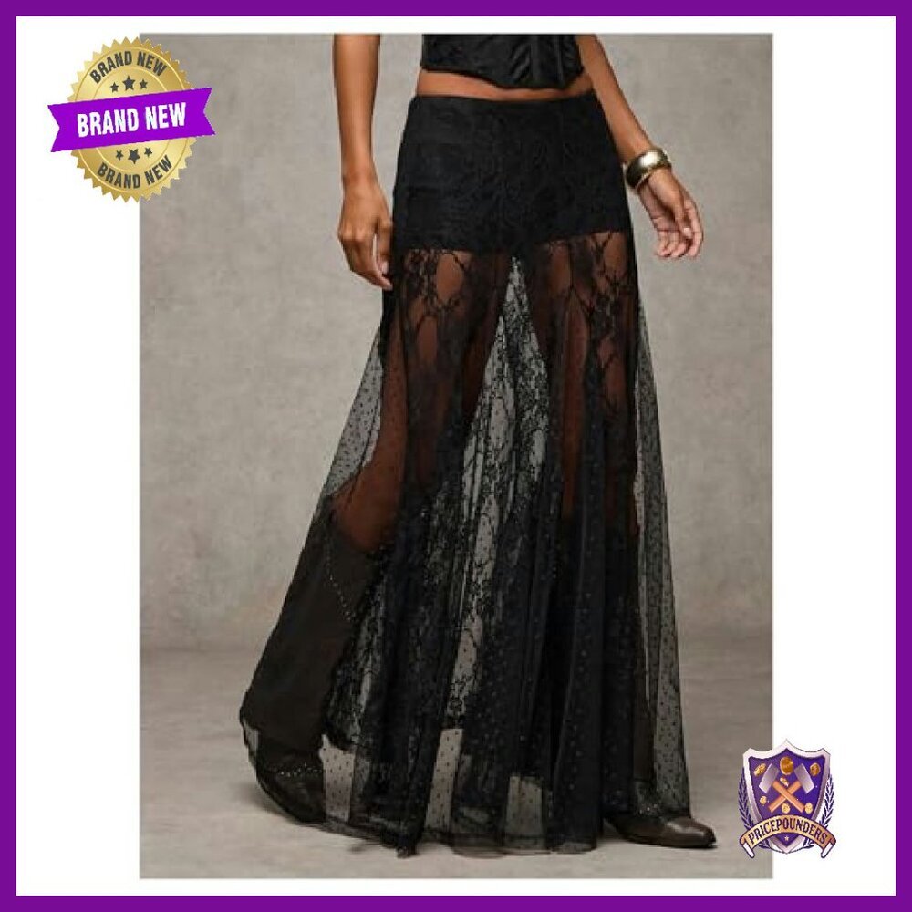 Sheer Lace Maxi Skirt Elastic Waist Flowy A-Line Ruffle Hem - Picture 4 of 8